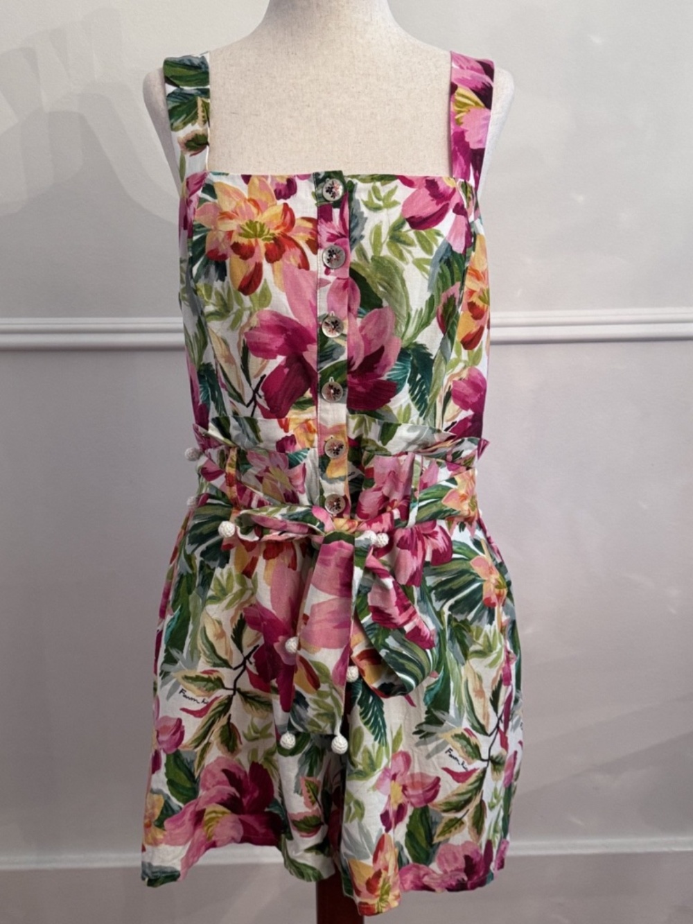 Farm Rio Painted Flowers Romper Linen Viscose Pompom Belt Button Front Large